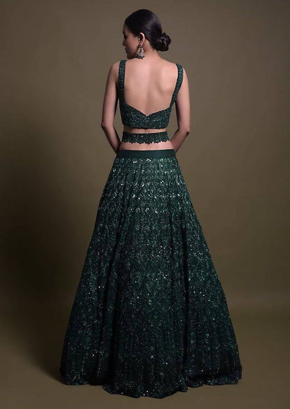 Green net heavy embroidery worked lehenga for wedding