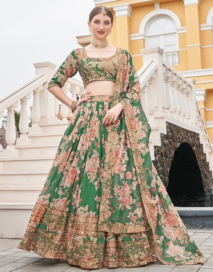 Green organza heavy embroidered sequence work wedding lehenga choli