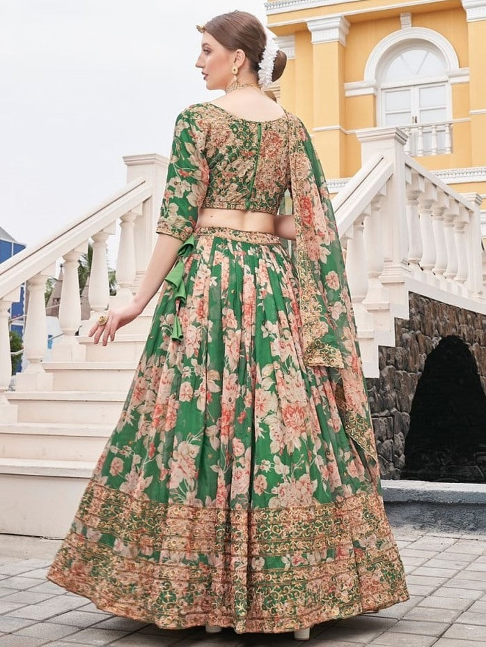 Green organza heavy embroidered sequence work wedding lehenga choli