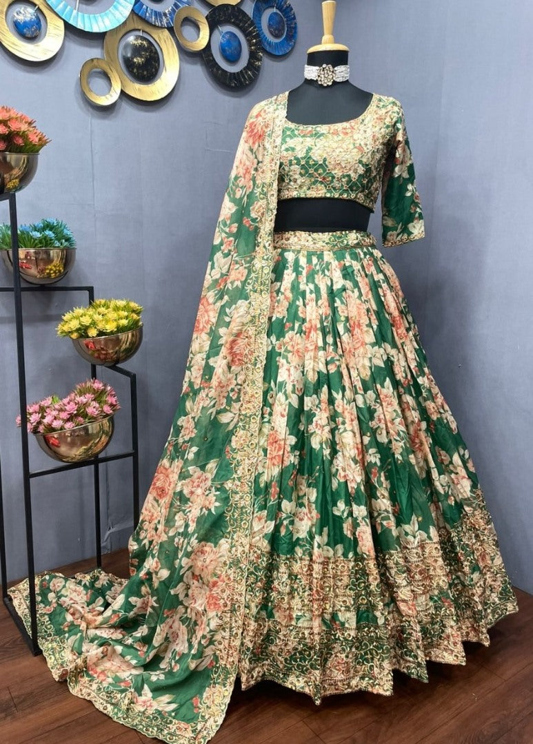 Green organza heavy embroidered sequence work wedding lehenga choli