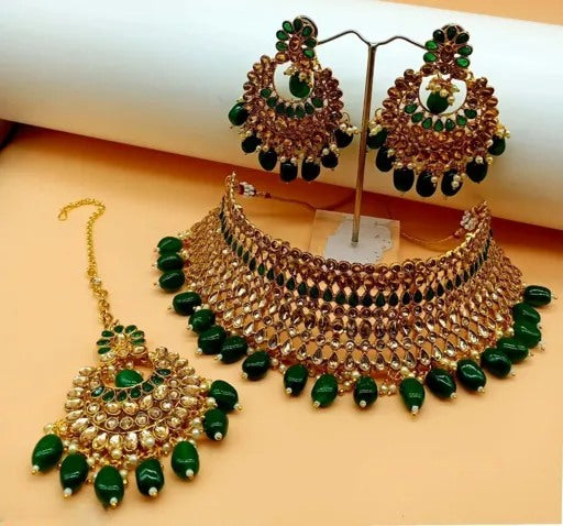 Green Pearls Gold Plated Jewellery Set for Women