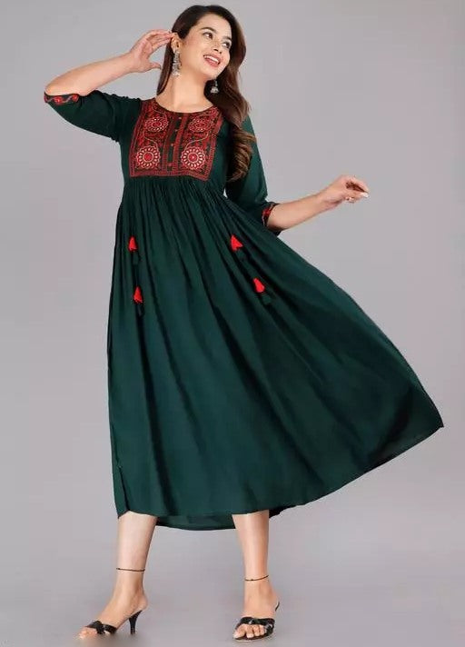 Green rayon embroidered frock kurti