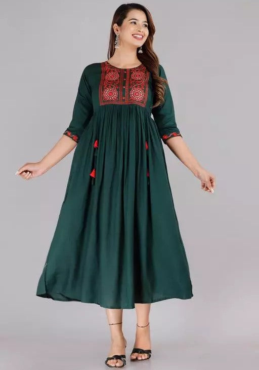 Green rayon embroidered frock kurti