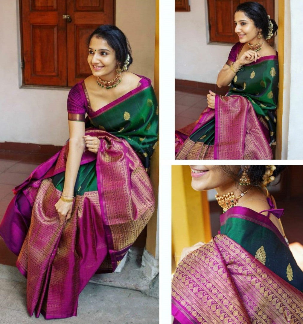 Green soft lichi silk jacquard weaving work saree