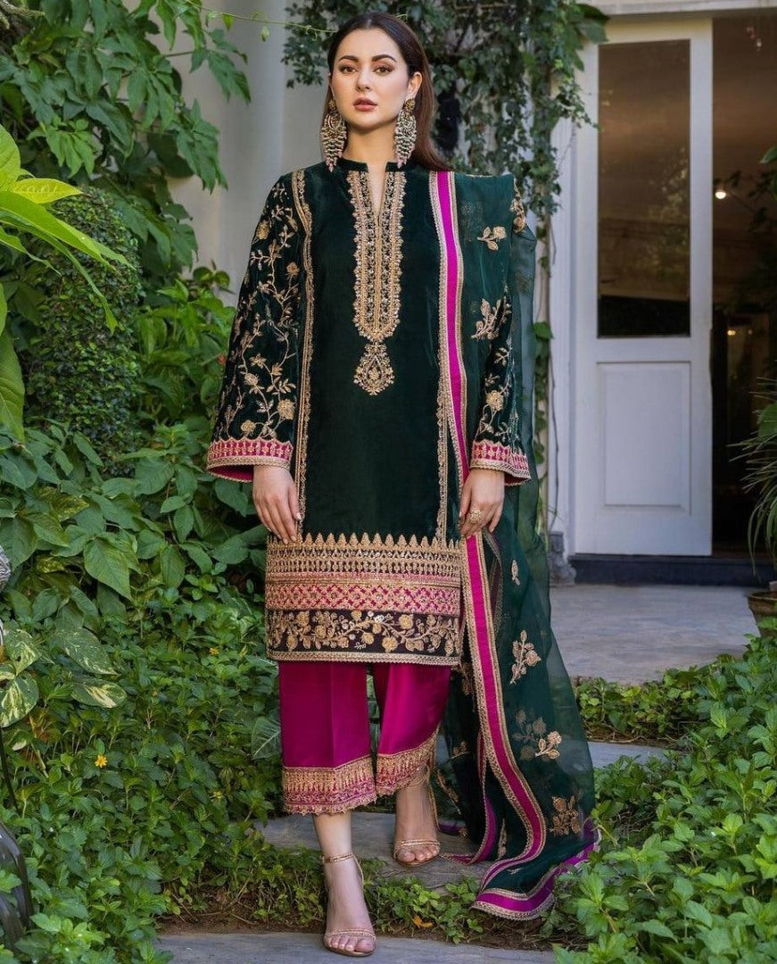 Green velvet embroidered wedding plazzo suit