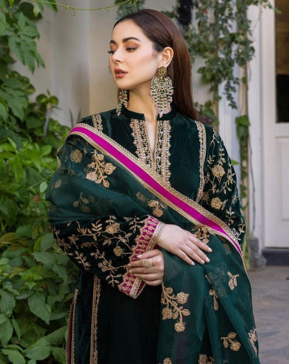 Green velvet embroidered wedding plazzo suit