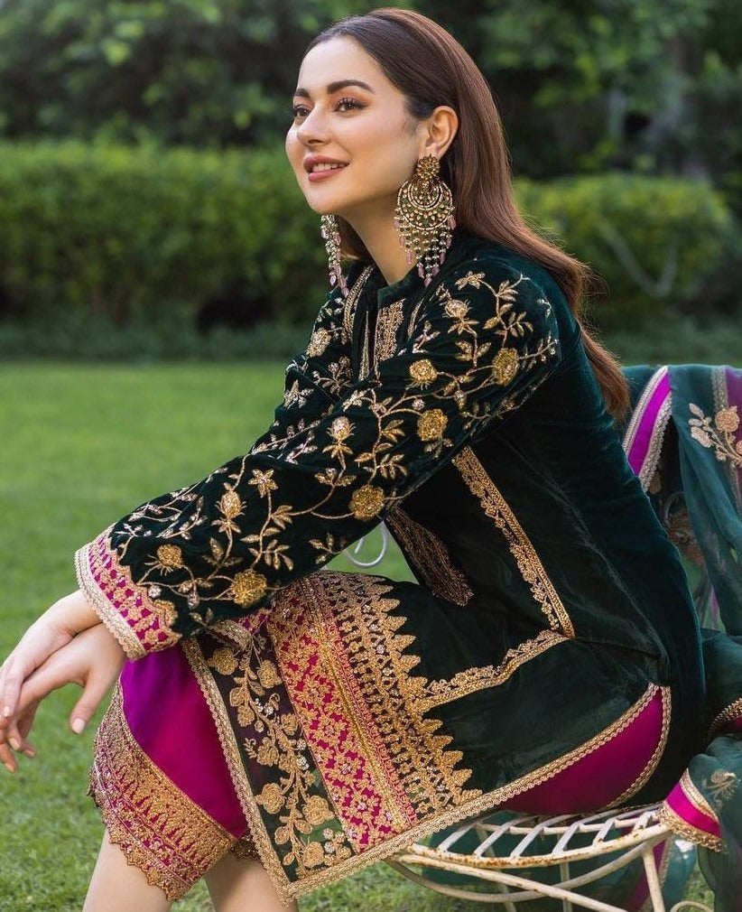 Green velvet embroidered wedding plazzo suit