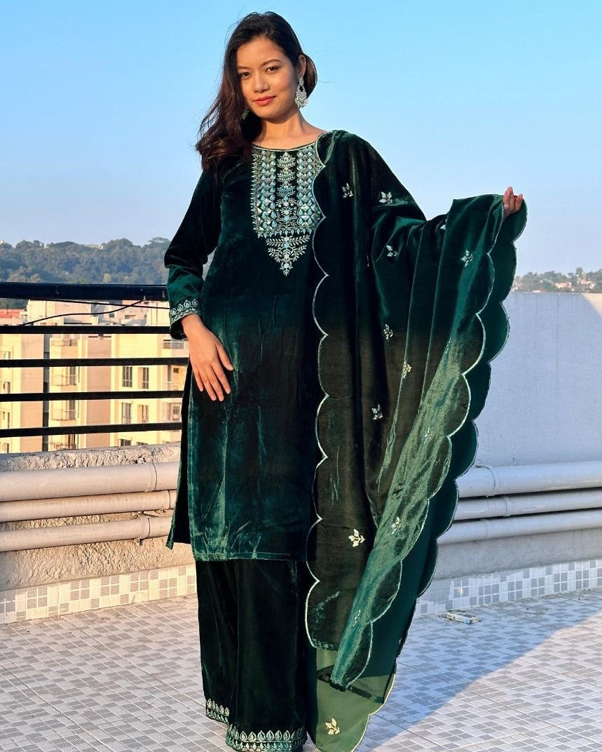 Green velvet palazzo suit