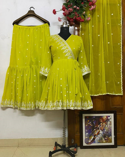 Greenish yellow embroidery work sharara suit