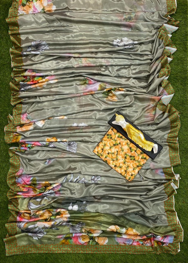 Grey chinon silk digital flower printed saree