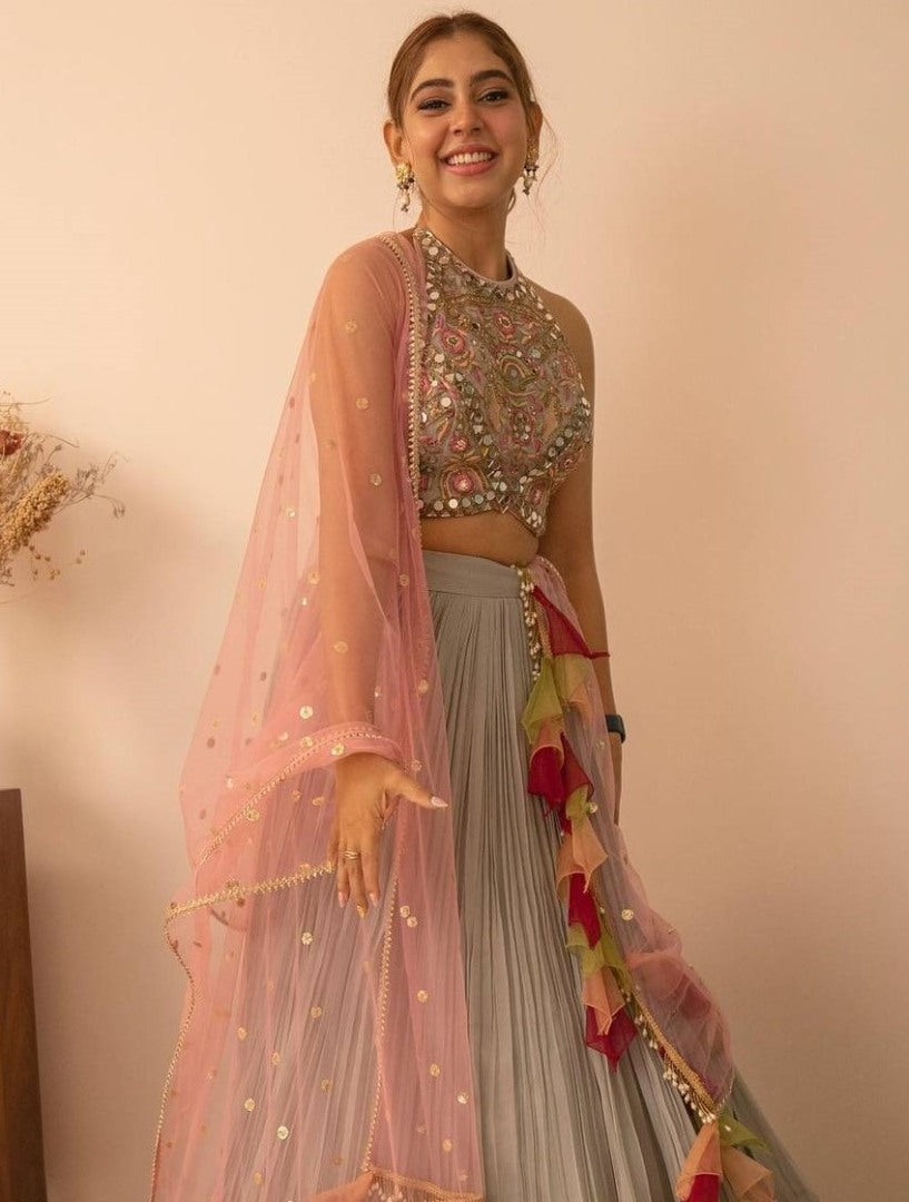 Grey georgette embroidered designer lehenga choli for ceremony