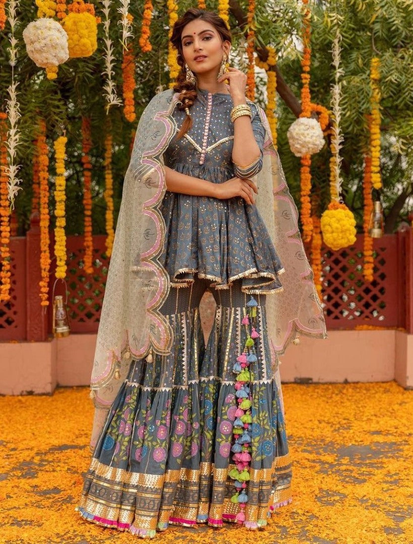 Grey georgette print and gotapatti work sharara suit