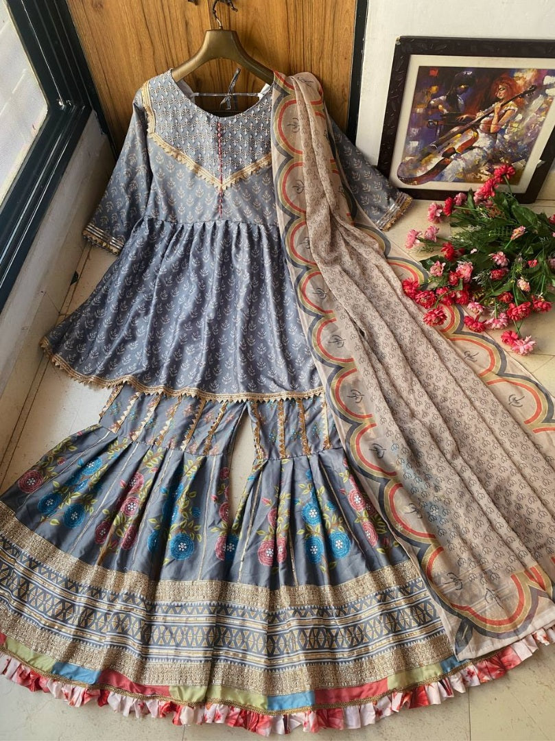 Grey georgette print and gotapatti work sharara suit