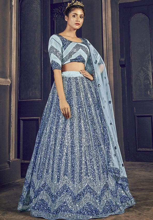 Grey net sequence embroidered work party wear lehenga choli