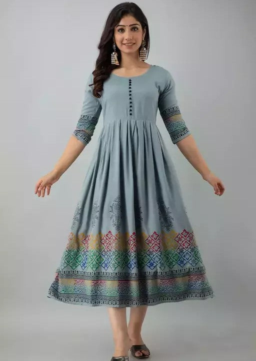 Grey rayon printed anarkali frock kurti