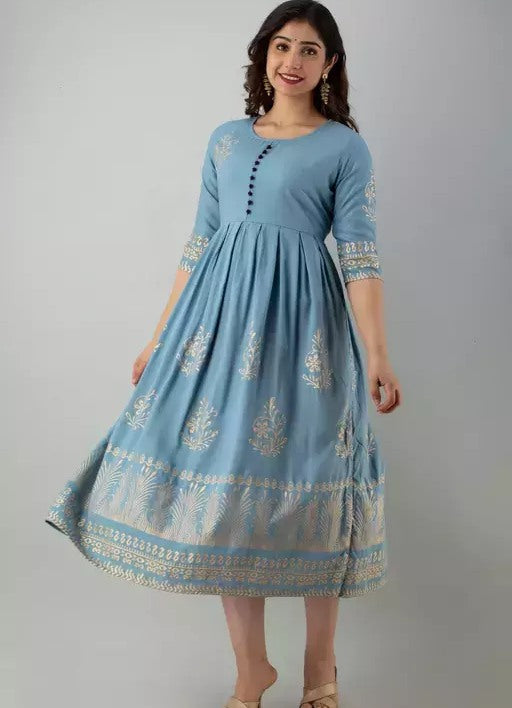 Grey rayon printed anarkali frock kurti