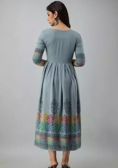 Grey rayon printed anarkali frock kurti