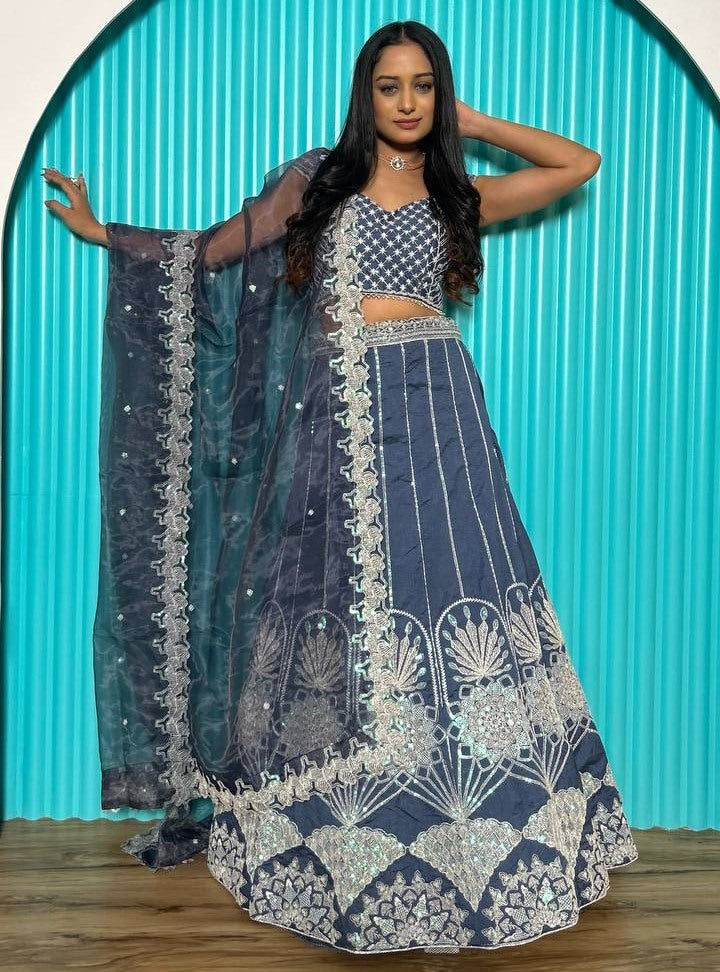 Grey silk heavy work wedding lehenga choli