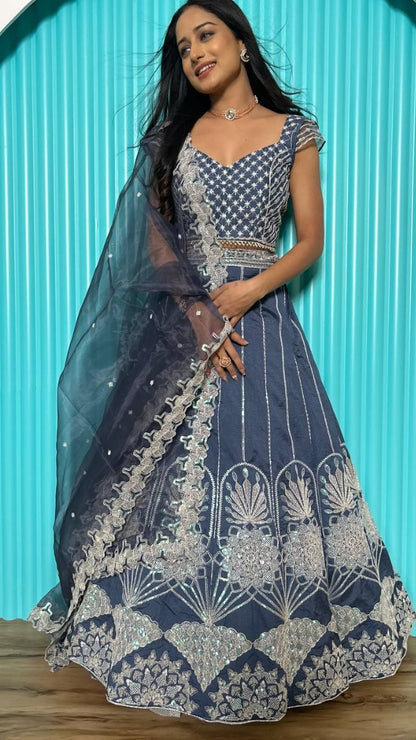 Grey silk heavy work wedding lehenga choli