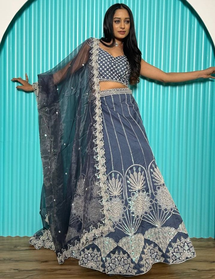 Grey silk heavy work wedding lehenga choli