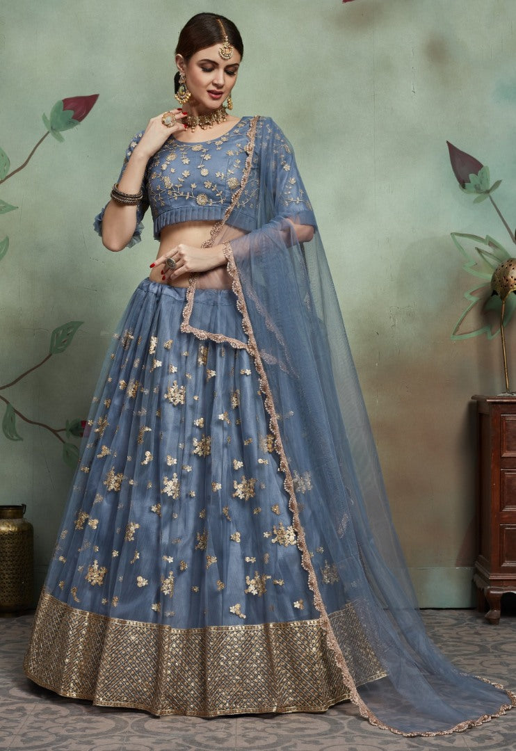 Grey soft net sequence and zari worked wedding lehenga choli