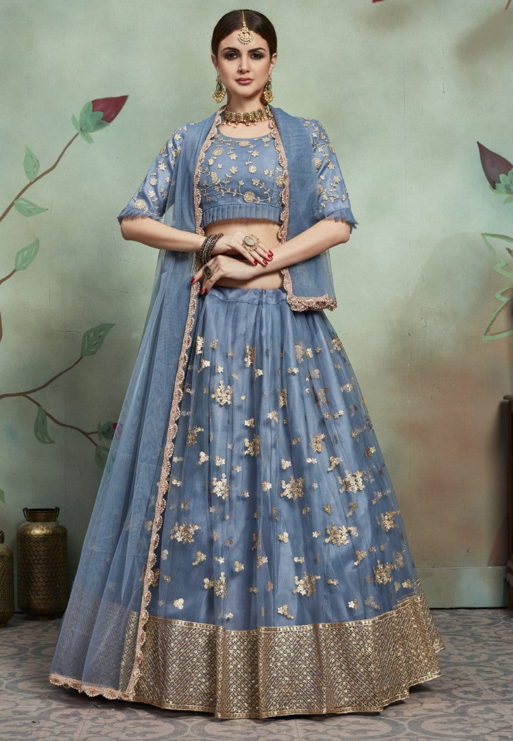 Grey soft net sequence and zari worked wedding lehenga choli