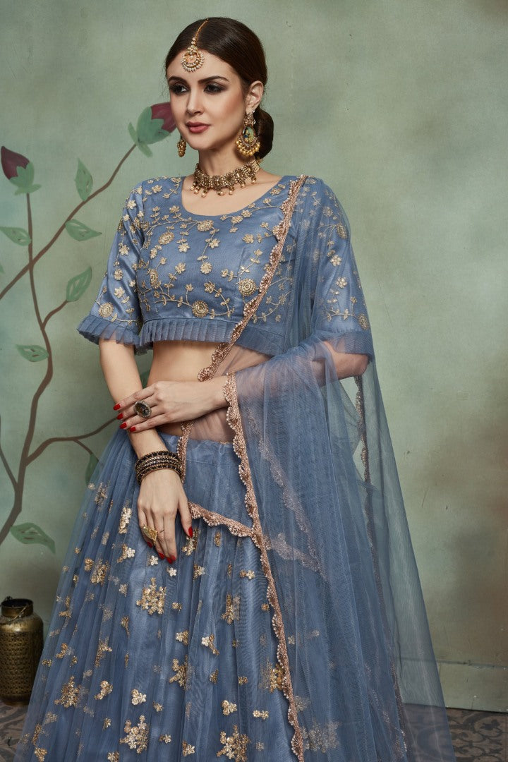 Grey soft net sequence and zari worked wedding lehenga choli