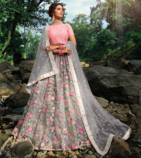 Grey soft net sequence thread work bridal lehenga choli