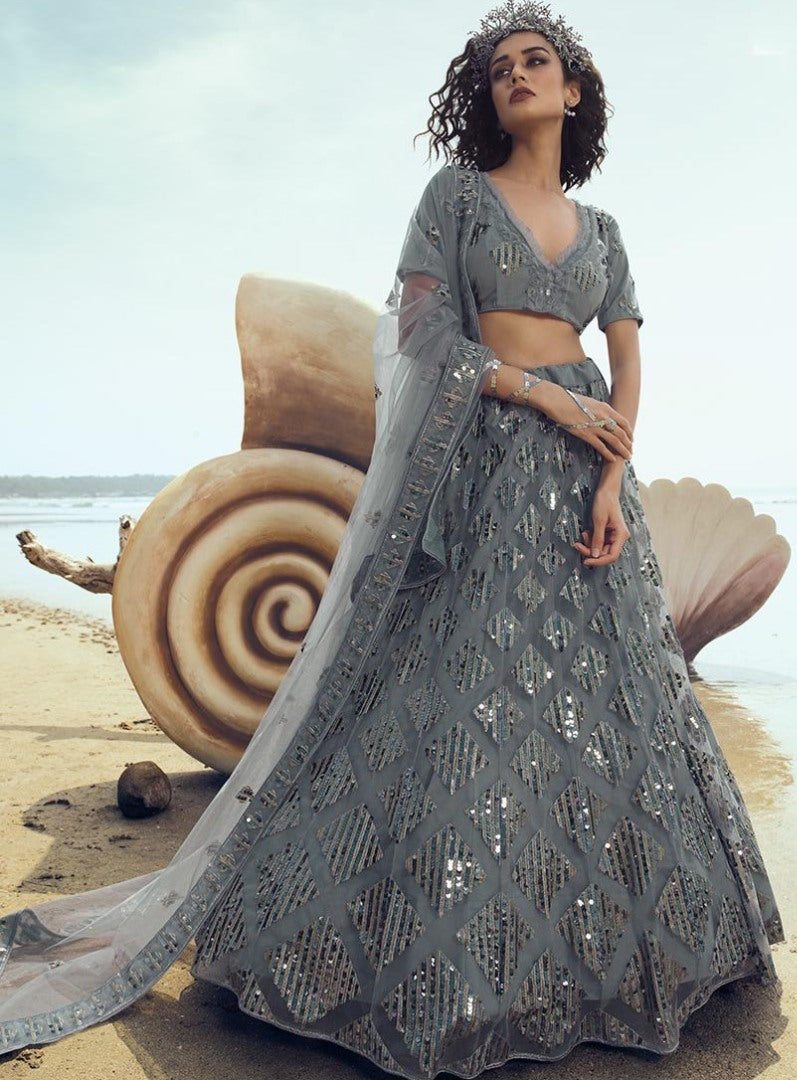 Grey soft net sequence thread work ceremonial lehenga choli