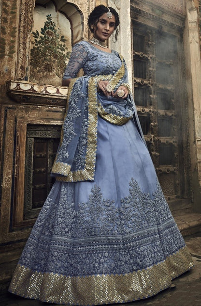 Grey soft net zarkan and dori work bridal lehenga choli