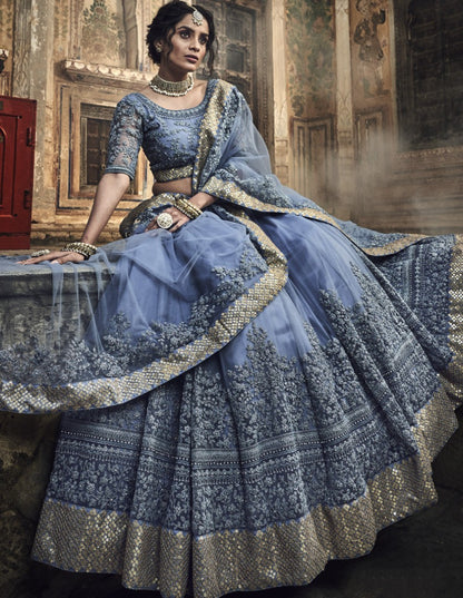 Grey soft net zarkan and dori work bridal lehenga choli