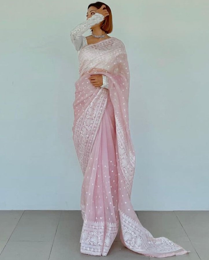 Light baby pink organza silk heavy thread embroidery work saree for ceremony