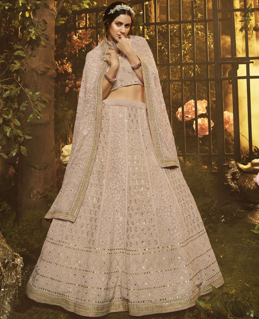 Light brown georgette thread sequence work bridal lehenga choli