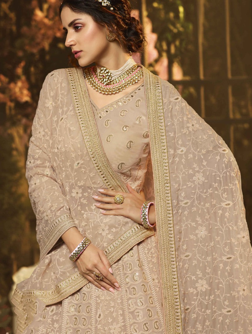 Light brown georgette thread sequence work bridal lehenga choli