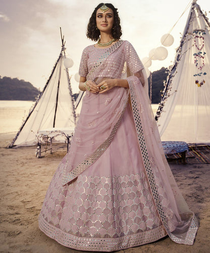 Light Dusty Rose organza thread foil & mirror work bridal lehenga choli