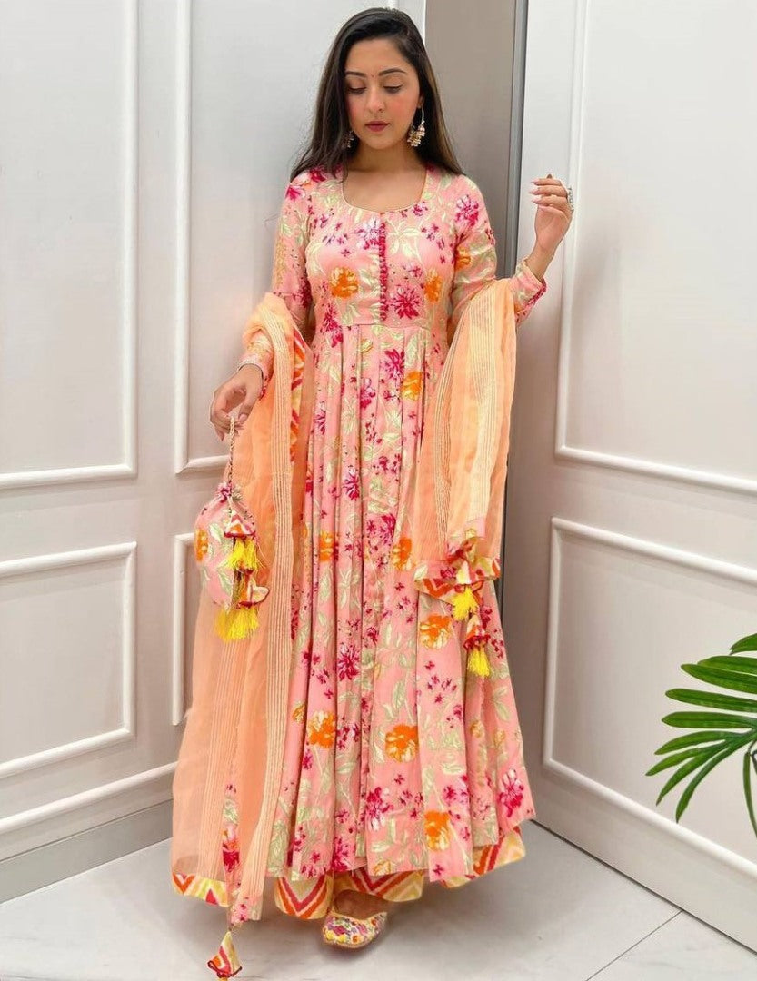 Light orange floral printed anarkali suit