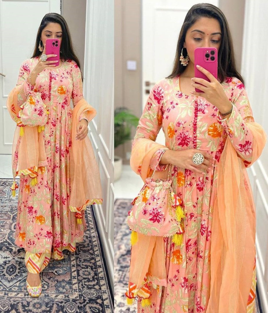 Light orange floral printed anarkali suit