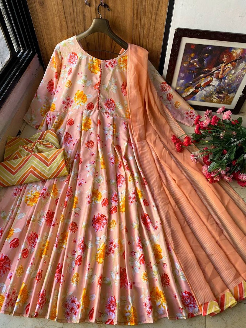 Light orange floral printed anarkali suit