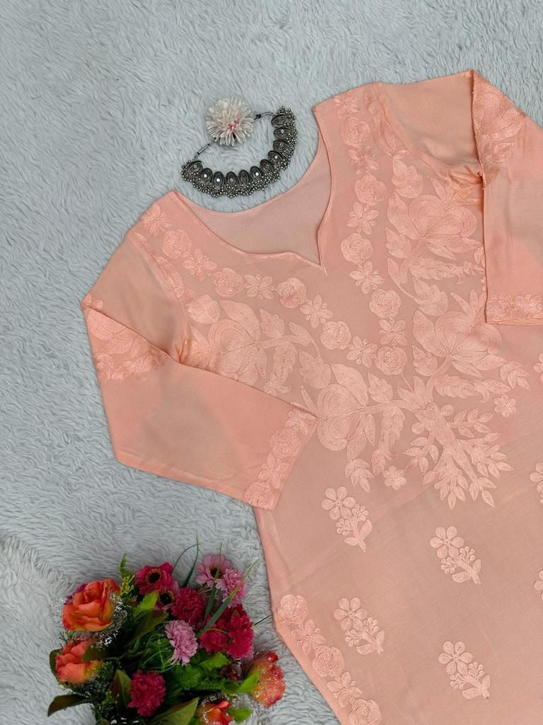 Light orange rayon chain stitch work palazzo kurti