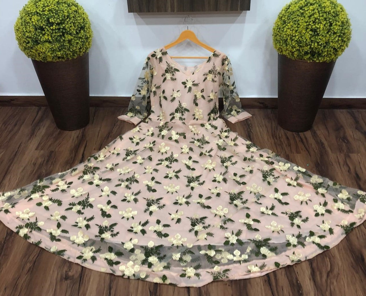 Light peach net embroidery work gown
