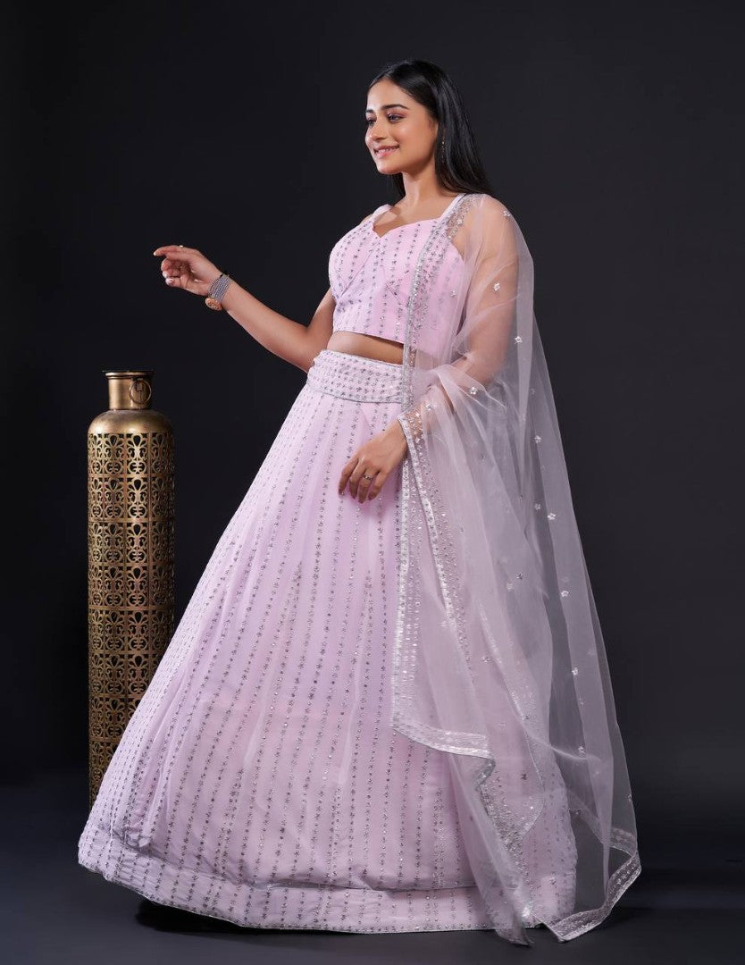 Light pink georgette heavy work lehenga choli for ceremony