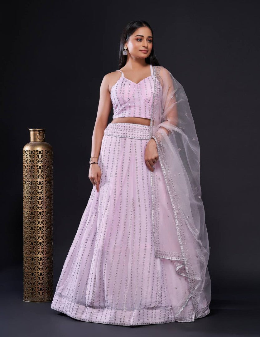 Light pink georgette heavy work lehenga choli for ceremony