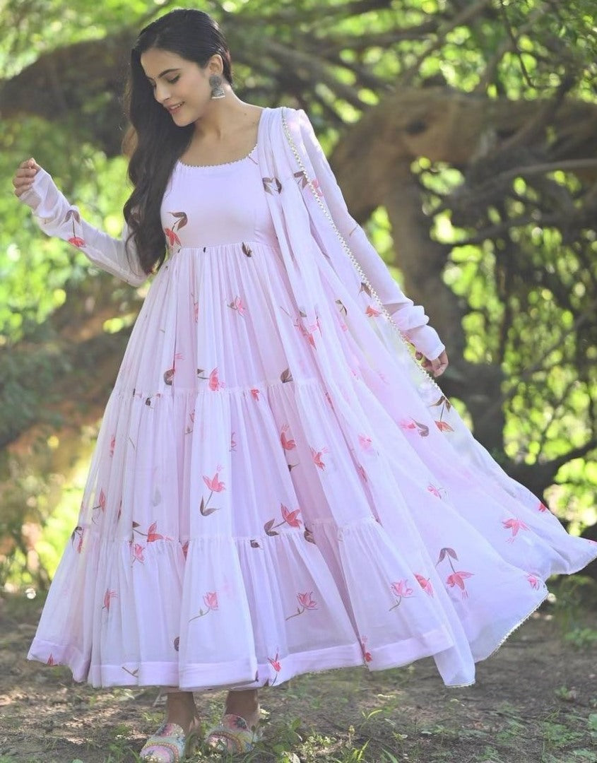 Light pink printed ruffle layer anarkali suit