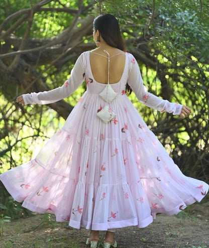 Light pink printed ruffle layer anarkali suit