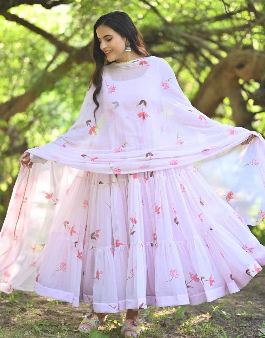 Light pink printed ruffle layer anarkali suit