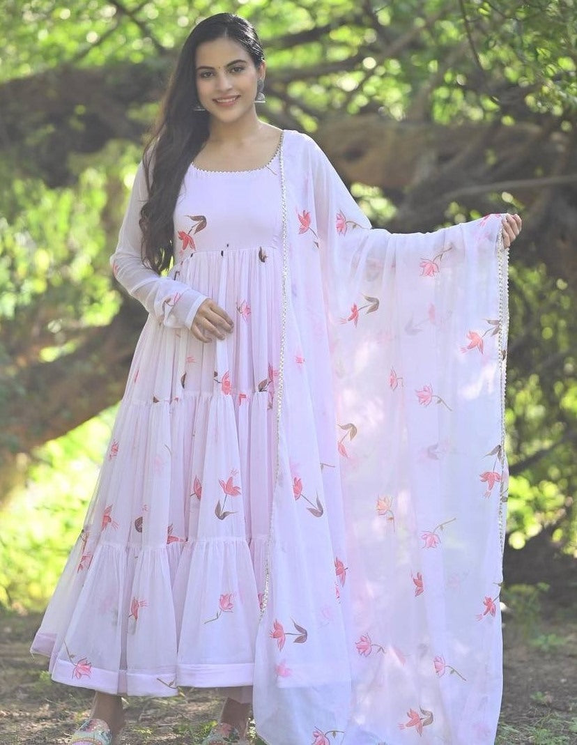 Light pink printed ruffle layer anarkali suit