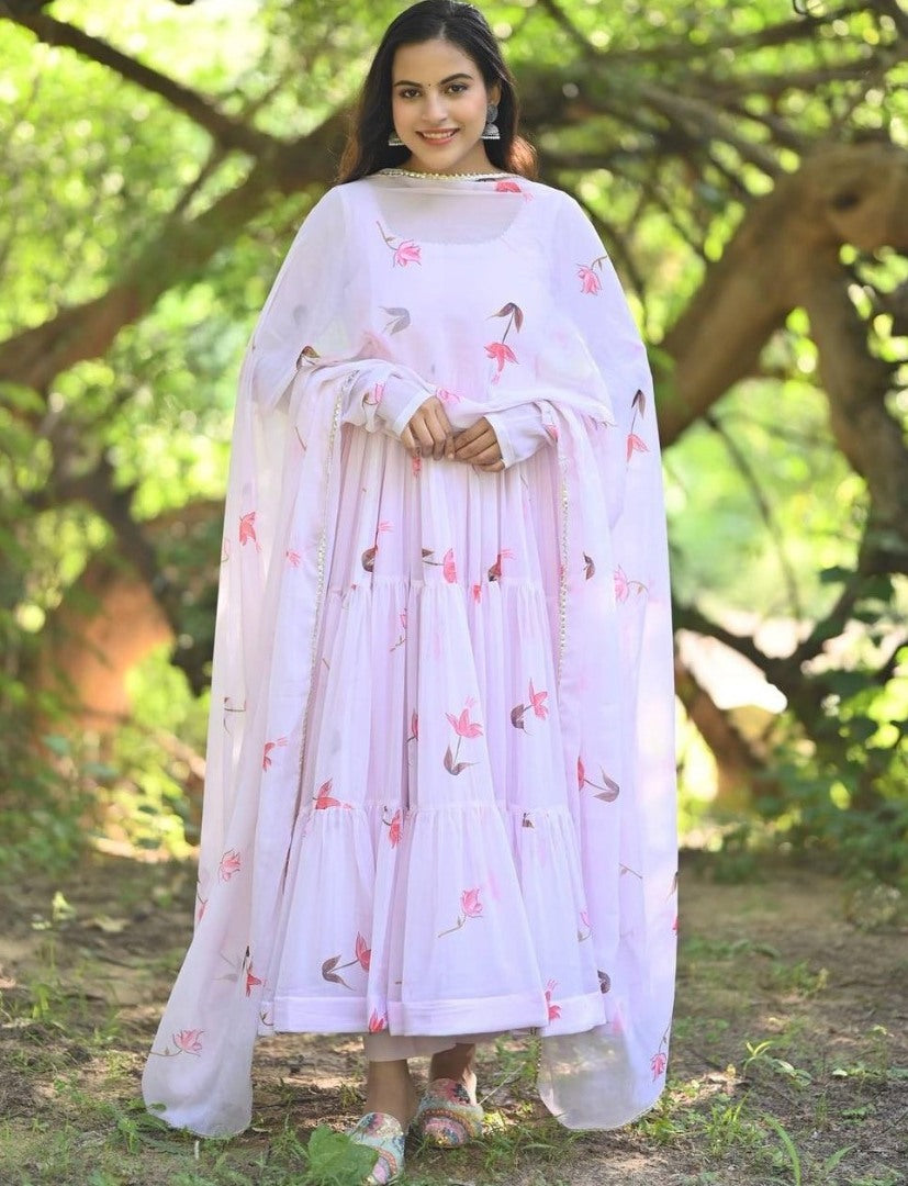 Light pink printed ruffle layer anarkali suit