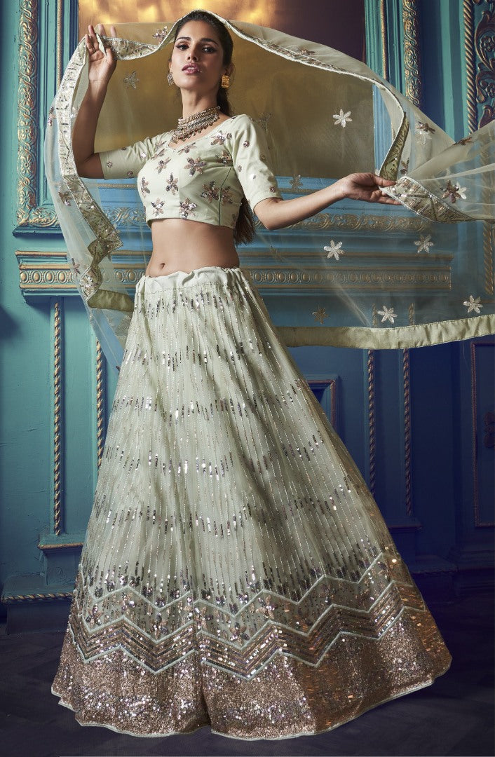 Light pista green soft net sequence work bridal lehenga choli