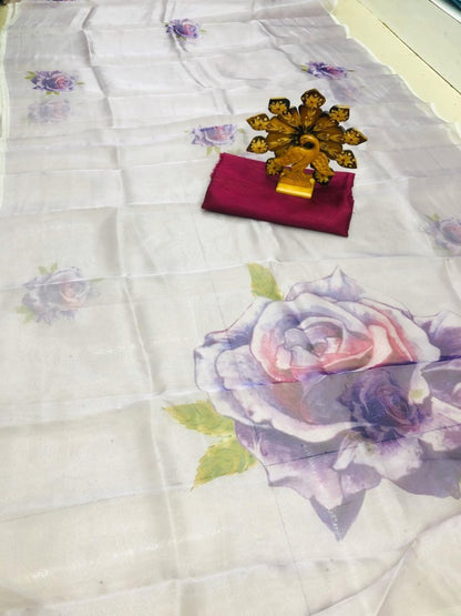 Light purple flower printed organza saree