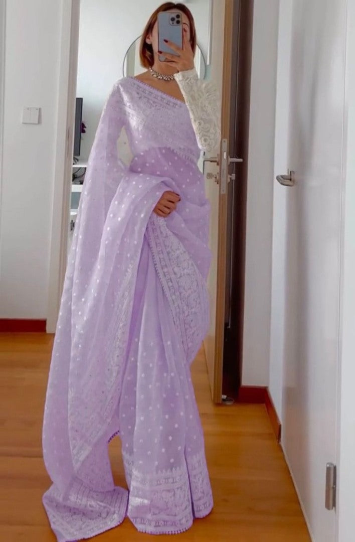 Light purple organza silk heavy thread embroidery work saree for ceremony